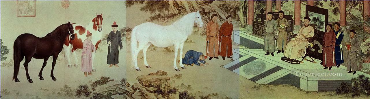Lang shining tribute of horses old China ink Giuseppe Castiglione Oil Paintings